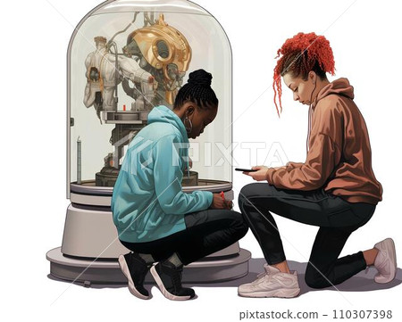 Illustration of a girl sitting on a bench next to a robot 110307398