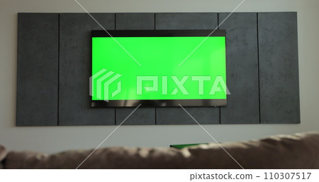 Modern living room interior with smart tv with green screen mock up. Cinema concept, television with chroma key. 110307517