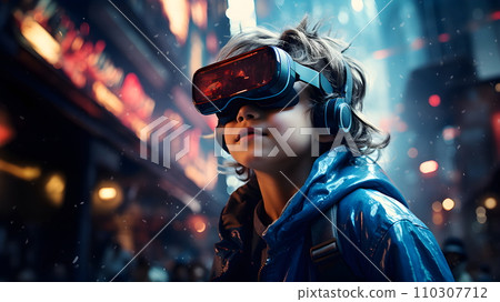 Digital illustration of a boy wearing VR glasses. The background is a blurry city with blue lights. It refers to the use of VR technology to create new experiences in learning or playing games. Digital illustration of a boy wearing VR glasses. The background is a blurry city with blue lights. It refers to the use of VR technology to create new experiences in learning or playing games. 110307712