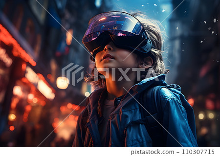 Digital illustration of a boy wearing VR glasses. The background is a blurry city with blue lights. It refers to the use of VR technology to create new experiences in learning or playing games. 110307715