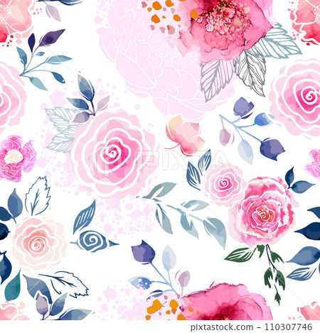 Pink watercolor flowers and green leaves seamless pattern. hand drawing. Not AI, Vector illustration Pink watercolor flowers and green leaves seamless pattern. hand drawing. Not AI, Vector illustration 110307746