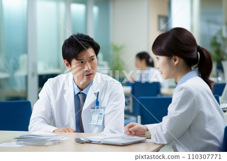 Male doctor and female nurse having a meeting: AI-generated image Male doctor and female nurse having a meeting: AI-generated image 110307771