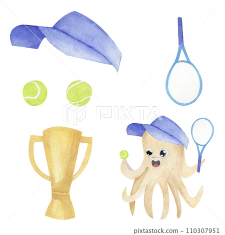 A collection of sports equipment. A set of watercolor paints: a tennis racket, a tennis cap, tennis balls and a winner's cup. A collection of sports equipment. A set of watercolor paints: a tennis racket, a tennis cap, tennis balls and a winner's cup. 110307951