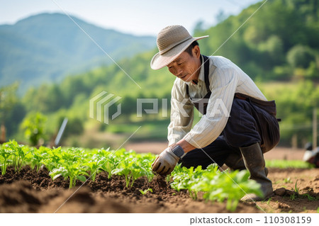 在大田裡工作的男性農民：人工智慧生成的圖像 110308159