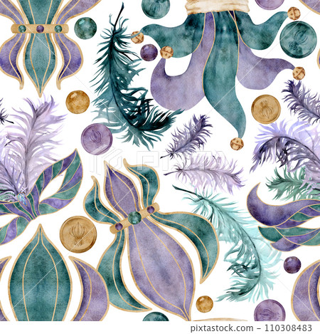 Hand drawn watercolor Mardi Gras carnival symbol. Jester fool hat, fleur de lis lily flower, mask domino feathers. Seamless pattern isolated on white background. Design for party, print, shop, package Hand drawn watercolor Mardi Gras carnival symbol. Jester fool hat, fleur de lis lily flower, mask domino feathers. Seamless pattern isolated on white background. Design for party, print, shop, package 110308483