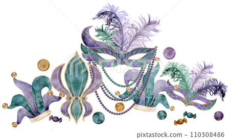 Hand drawn watercolor Mardi Gras carnival symbols. Theater masquerade mask feathers, Jester fool hat, fleur de lis beads. Composition isolated on white background. Design party invitation, print, shop Hand drawn watercolor Mardi Gras carnival symbols. Theater masquerade mask feathers, Jester fool hat, fleur de lis beads. Composition isolated on white background. Design party invitation, print, shop 110308486