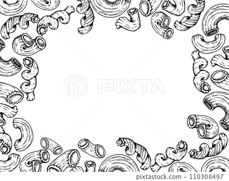 Hand drawn vector ink illustration. Types of pasta Italian cuisine, elbows penne rigatoni cavatappi spirals. Horizontal frame isolated on white. Restaurant, menu, food shop and package, flyer, print. 110308497