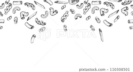 Hand drawn vector ink illustration. Types of pasta Italian cuisine, elbows penne rigatoni cavatappi spirals. Seamless banner isolated on white. Restaurant, menu, food shop and package, flyer, print. 110308501