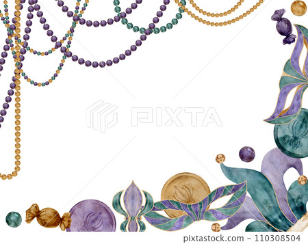 Hand drawn watercolor Mardi Gras carnival symbols. Jester hat beads domino mask feathers fleur de lis coins candy. Horizontal frame isolated on white background. Design party invitation, print, shop Hand drawn watercolor Mardi Gras carnival symbols. Jester hat beads domino mask feathers fleur de lis coins candy. Horizontal frame isolated on white background. Design party invitation, print, shop 110308504