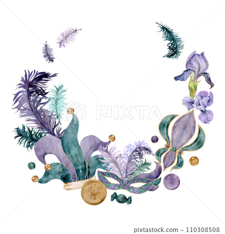 Hand drawn watercolor Mardi Gras carnival symbols. Jester hat beads domino mask feathers fleur de lis coins candy iris. Wreath frame isolated on white background. Design party invitation, print, shop Hand drawn watercolor Mardi Gras carnival symbols. Jester hat beads domino mask feathers fleur de lis coins candy iris. Wreath frame isolated on white background. Design party invitation, print, shop 110308508