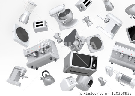Electric kitchen appliances and utensils for making pastry on white background Electric kitchen appliances and utensils for making pastry on white background 110308933