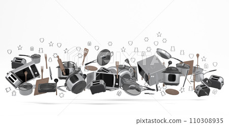 Electric kitchen appliances and utensils for making pastry on white background Electric kitchen appliances and utensils for making pastry on white background 110308935