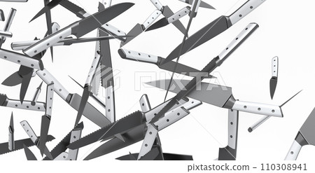 Many of flying chef's kitchen knives on white background 110308941