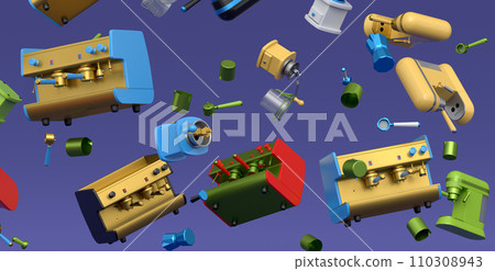 Many of flying espresso machine with horn, cups, geyser coffee maker and grinder 110308943