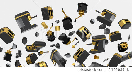 Many of flying espresso machine with horn, cups, geyser coffee maker and grinder 110308948