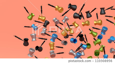 Many of flying Turkish coffee cooked in sand or coffee maker cezve on orange 110308956