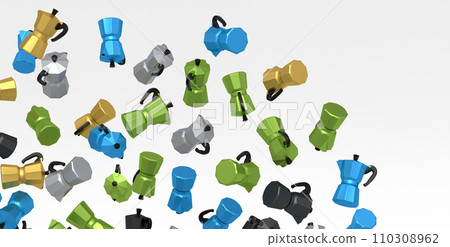 Many of flying Italian geyser coffee maker a la moka on white background. Many of flying Italian geyser coffee maker a la moka on white background. 110308962