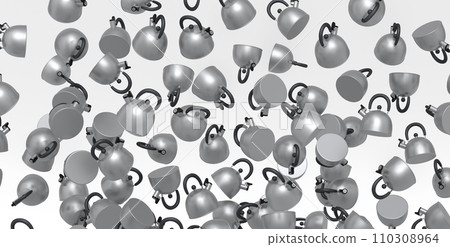 Many of flying steel stovetop kettle with whistle isolated on white background. Many of flying steel stovetop kettle with whistle isolated on white background. 110308964