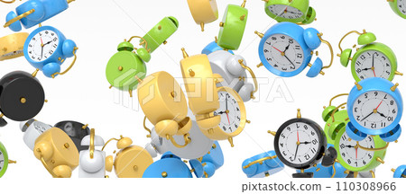 Many of flying alarm clocks on white background. 3d render of wake up time Many of flying alarm clocks on white background. 3d render of wake up time 110308966