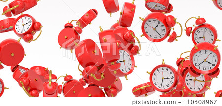 Many of flying alarm clocks on white background. 3d render of wake up time Many of flying alarm clocks on white background. 3d render of wake up time 110308967