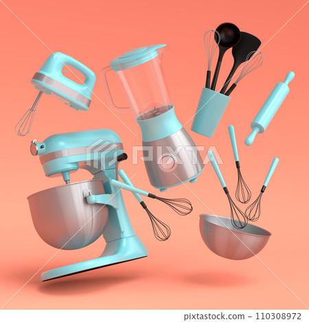 Mixer and bowl with kitchen utensil for preparation of dough on orange Mixer and bowl with kitchen utensil for preparation of dough on orange 110308972