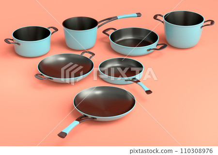 Set of flying stewpot, frying pan and chrome plated cookware on orange Set of flying stewpot, frying pan and chrome plated cookware on orange 110308976