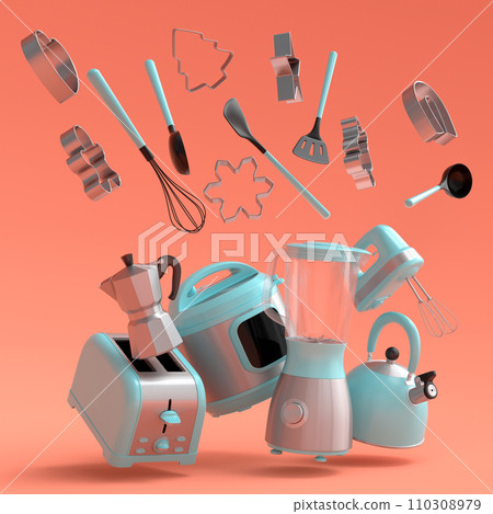 Espresso coffee machine, hand mixer, kettle and toaster on orange background. 110308979