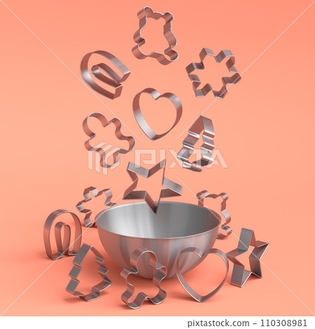 Metal bowl with bowl and cookie cutters on orange background Metal bowl with bowl and cookie cutters on orange background 110308981