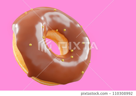 Chocolate glazed donut with sprinkles on a pink background Chocolate glazed donut with sprinkles on a pink background 110308992