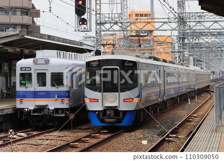 Shiomibashi Line train lined up with Limited Express Southern at Nankai Kishizato Tamade Station 110309050