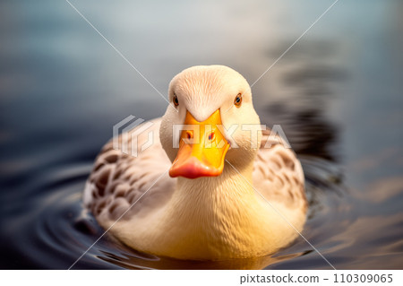 A white mallard duck is swimming in pond, a closeup of goose in a body of lake water A white mallard duck is swimming in pond, a closeup of goose in a body of lake water 110309065