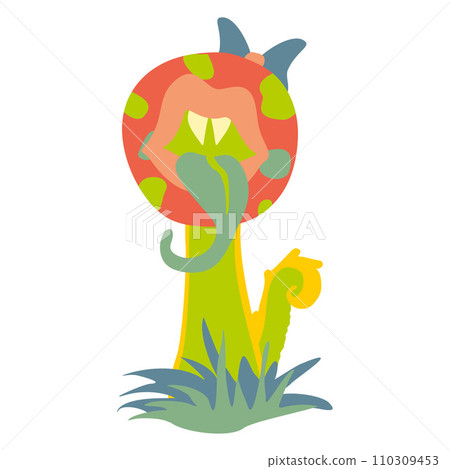 Monster plant illustration. Alien Animal with tongue in mouth and Teeth. Vector Flat or Cartoon Fantasy illustration isolated on white background. Colorful Hand Drawn Botany Character for Book, Print Monster plant illustration. Alien Animal with tongue in mouth and Teeth. Vector Flat or Cartoon Fantasy illustration isolated on white background. Colorful Hand Drawn Botany Character for Book, Print 110309453