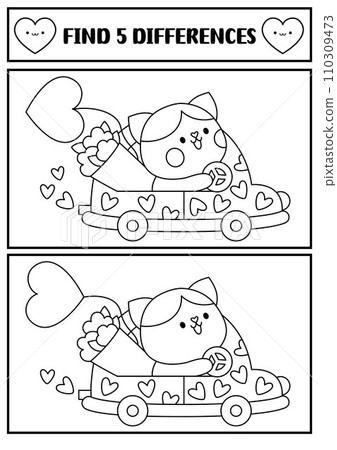 Saint Valentine kawaii black and white find differences game. Attention skills activity with cat on car with heart, flower bouquet. Love holiday puzzle, coloring page for kids. Printable worksheet Saint Valentine kawaii black and white find differences game. Attention skills activity with cat on car with heart, flower bouquet. Love holiday puzzle, coloring page for kids. Printable worksheet 110309473