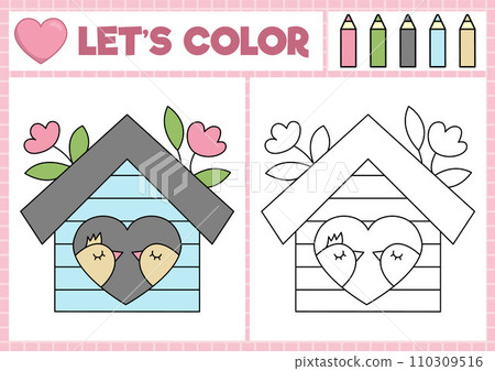 Saint Valentine coloring page for children with cute kawaii birdhouse with birds. Vector love holiday outline illustration. Color book for kids with colored example. Drawing skills worksheet Saint Valentine coloring page for children with cute kawaii birdhouse with birds. Vector love holiday outline illustration. Color book for kids with colored example. Drawing skills worksheet 110309516