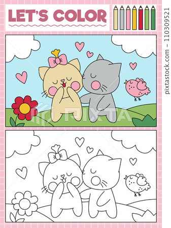 Saint Valentine coloring page for children with cute kawaii scene with cat couple. Vector love holiday outline illustration. Color book for kids with colored example. Drawing skills worksheet Saint Valentine coloring page for children with cute kawaii scene with cat couple. Vector love holiday outline illustration. Color book for kids with colored example. Drawing skills worksheet 110309521