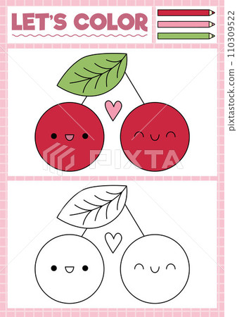 Saint Valentine coloring page for children with cute kawaii cherry couple with heart. Vector love holiday outline illustration. Color book for kids with colored example. Drawing skills worksheet Saint Valentine coloring page for children with cute kawaii cherry couple with heart. Vector love holiday outline illustration. Color book for kids with colored example. Drawing skills worksheet 110309522