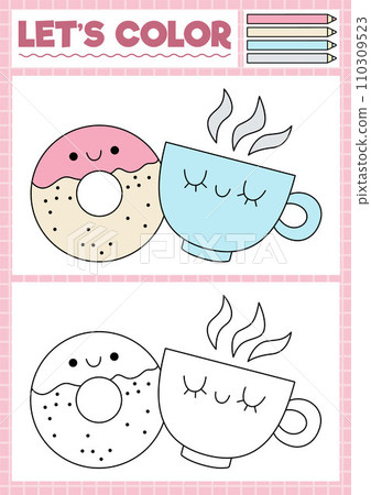 Saint Valentine coloring page for children with cute kawaii cup and donut. Vector love holiday outline illustration. Color book for kids with colored example. Drawing skills worksheet Saint Valentine coloring page for children with cute kawaii cup and donut. Vector love holiday outline illustration. Color book for kids with colored example. Drawing skills worksheet 110309523