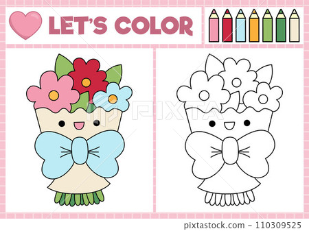 Saint Valentine coloring page for children with cute kawaii bouquet of flowers. Vector love holiday outline illustration. Color book for kids with colored example. Drawing skills worksheet Saint Valentine coloring page for children with cute kawaii bouquet of flowers. Vector love holiday outline illustration. Color book for kids with colored example. Drawing skills worksheet 110309525