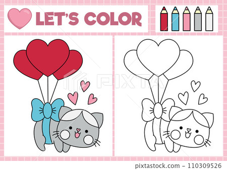 Saint Valentine coloring page for children with cute kawaii cat flying on heart shaped balloons. Vector love holiday outline illustration. Color book for kids with colored example. Drawing worksheet Saint Valentine coloring page for children with cute kawaii cat flying on heart shaped balloons. Vector love holiday outline illustration. Color book for kids with colored example. Drawing worksheet 110309526