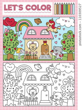 Saint Valentine coloring page for children with cute kawaii scene with cat couple, house. Vector love holiday outline illustration. Color book for kids with colored example. Drawing skills worksheet Saint Valentine coloring page for children with cute kawaii scene with cat couple, house. Vector love holiday outline illustration. Color book for kids with colored example. Drawing skills worksheet 110309527
