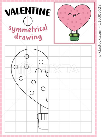 Saint Valentine symmetrical drawing worksheet. Complete the hot air balloon picture. Vector love holiday writing practice worksheet. Printable black and white activity for kids. Copy the picture Saint Valentine symmetrical drawing worksheet. Complete the hot air balloon picture. Vector love holiday writing practice worksheet. Printable black and white activity for kids. Copy the picture 110309528