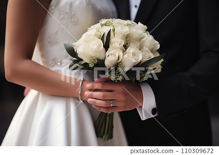 Bride and groom holding a bouquet at a wedding: AI-generated image 110309672