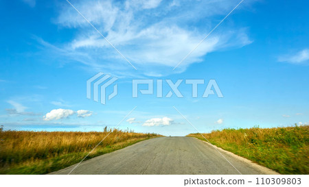 Travelling by car. Asphalt road among summer fields,blue sky 110309803
