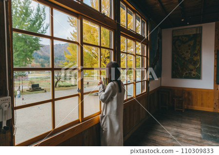 A woman looks at ginkgo trees outside the window from a classroom in a wooden school building A woman looks at ginkgo trees outside the window from a classroom in a wooden school building 110309833