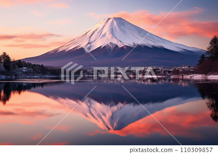 富士山倒映在水面上，天空被日出染上色彩：AI 生成的圖像 110309857