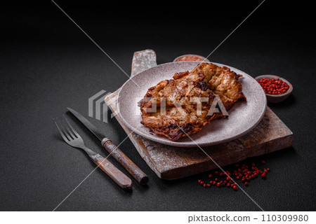 Delicious fresh crispy chicken grilled with salt, spices and herbs 110309980