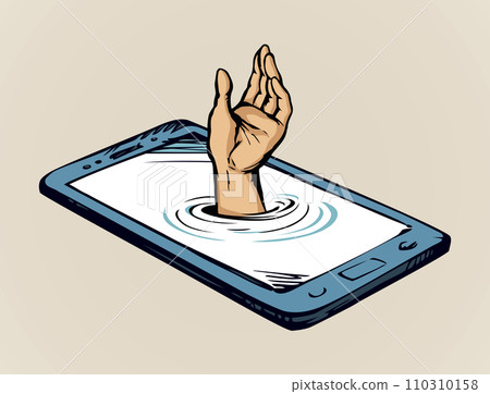Dependence on the phone. Hand drowning in the screen. Vector drawing Dependence on the phone. Hand drowning in the screen. Vector drawing 110310158