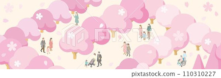 橫幅框等距人家庭兒童春天櫻花賞櫻花背景插畫素材 110310227