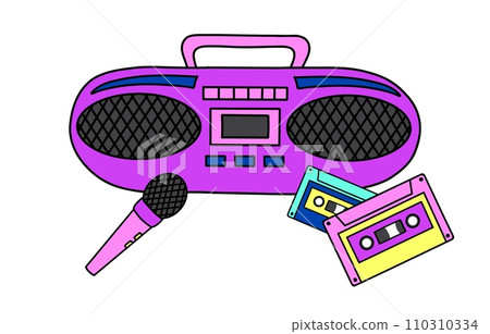 Retro tape recorder with audio cassettes and microphone. Portable stereo radio cassette boombox. Pop culture from 90s concept. 90s 00s style hand drawn vector illustration Retro tape recorder with audio cassettes and microphone. Portable stereo radio cassette boombox. Pop culture from 90s concept. 90s 00s style hand drawn vector illustration 110310334