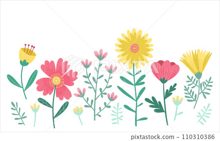 Set of Floral Elements, Wild Flowers in Pink and Yellow with Copy Space. Wall Art, Nursery or Childrens room concept Design for Banner, Cover, Decoration, Poster, Greeting card or Invitation. Set of Floral Elements, Wild Flowers in Pink and Yellow with Copy Space. Wall Art, Nursery or Childrens room concept Design for Banner, Cover, Decoration, Poster, Greeting card or Invitation. 110310386